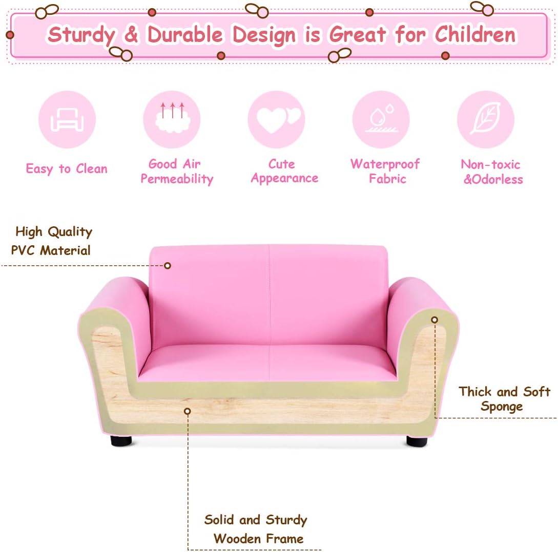 Costzon Kids Couch with Footstool, 2 in 1 Double Seat Children's Sofa w/PU Leather Surface, Armrest Chair Lounge, Soft Kids Sofa for Preschool Bedroom Kids Room Toddlers Boys Girls Birthday (Black)