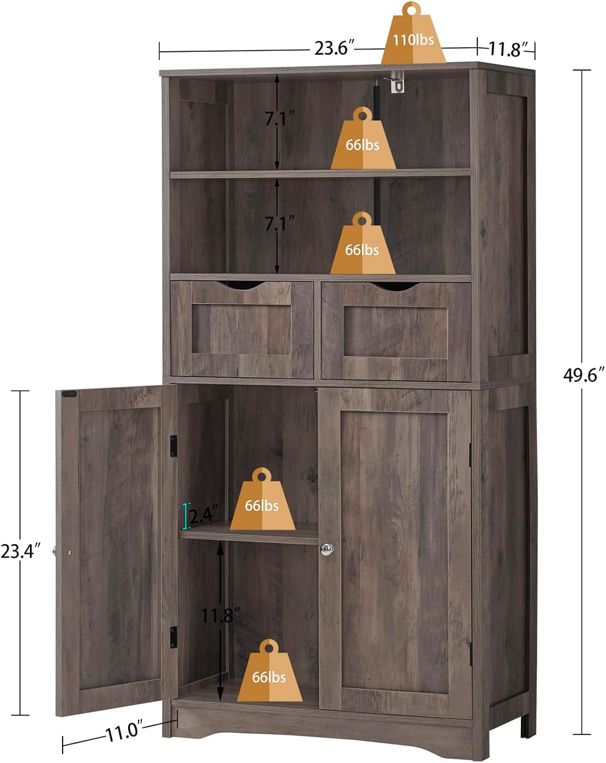 Iwell Storage Cabinet with 2 Drawers & Adjustable Shelves, Cupboard, Floor Cabinet for Living Room, Home Office, Rustic Brown