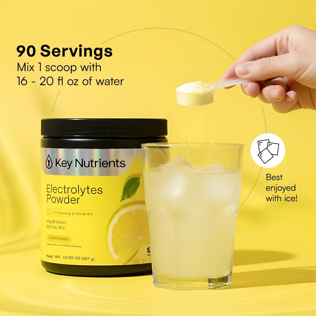 KEY NUTRIENTS Potassium Multivitamin Electrolytes Powder, Lemonade, 90 Serv | Multivitamin Electrolytes Powder, Refreshing Lemonade, Sugar Free, Sodium & Potassium Supplement, No Calories, Made in USA