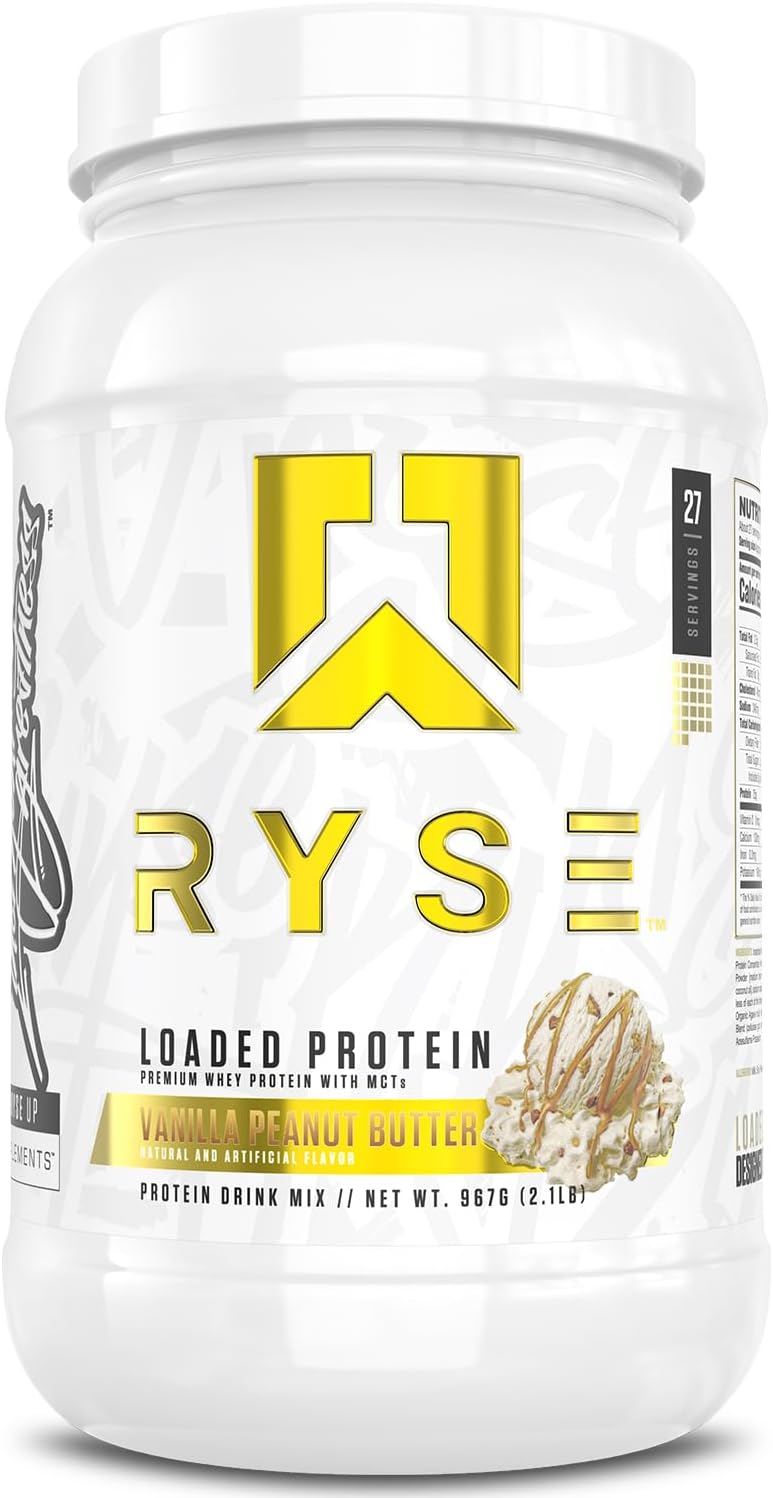 RYSE Loaded Protein Powder - Peanut Butter Cup - 25g Whey Protein Isolate & Concentrate with Prebiotic Fiber & MCTs - Low Carb, Low Sugar