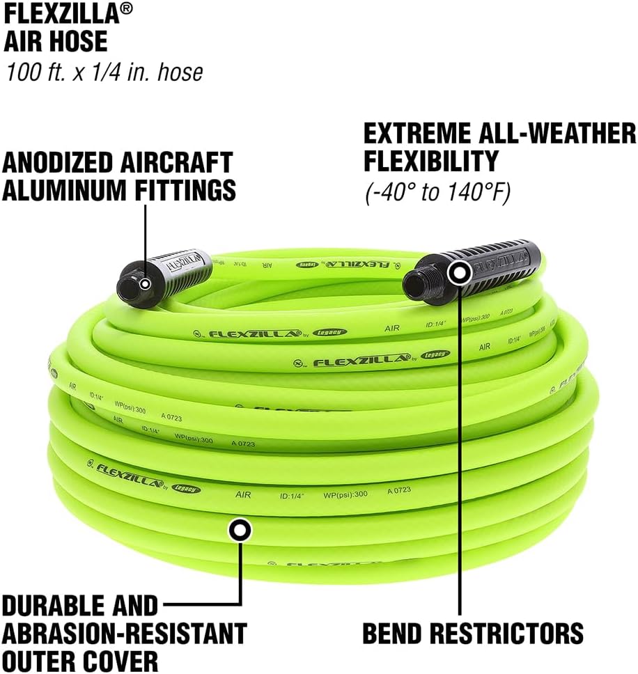 Flexzilla Air Compressor Hose, 3/8 in. x 50 ft., 1/4 in. MNPT Fittings, No-Kink, All Weather, Lightweight, Premium Hybrid Polymer, 300 PSI, ZillaGreen