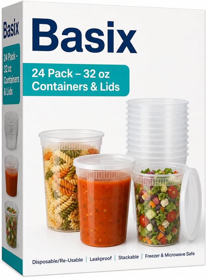 Basix Deli Containers with Lids, 32 Oz Leakproof Plastic, 24 Count | Microwave & freezer safe, for soup, snacks, leftovers, takeout & picnics