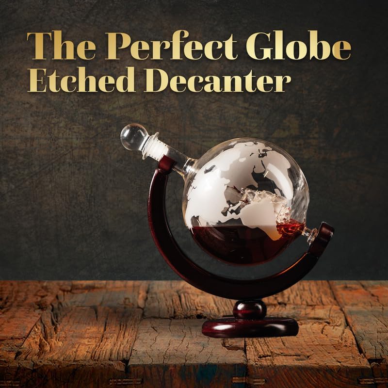 Kemstood Whiskey Decanter Sets for Men - Etched World Globe Design with Wood Stand & 2 Glass - Ideal for Dignified Drinking, Home Decor - Unique Whiskey Gifts for Men - 28 oz / 850 ml Capacity
