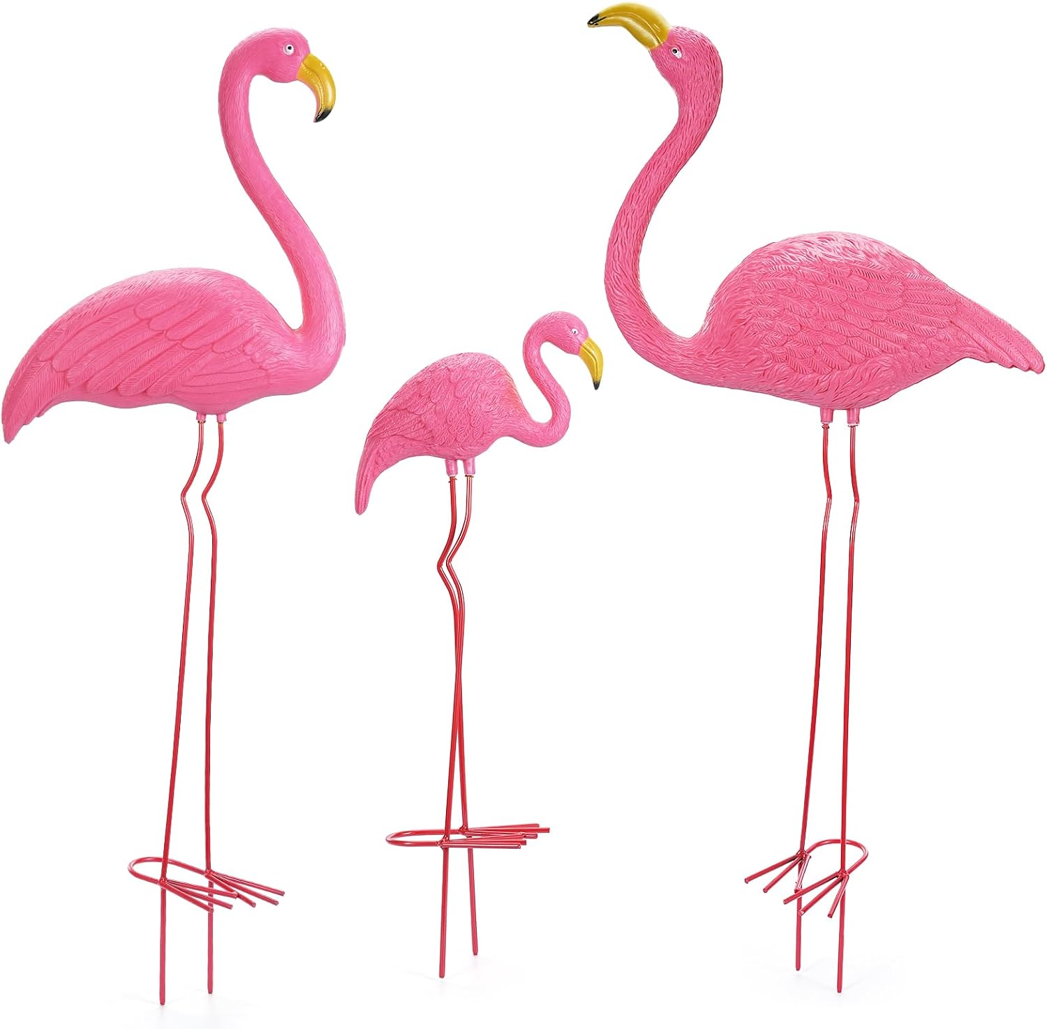 Ohuhu Family Flamingo Yard Ornaments, Set of 3 (32", 31", 19"), Pink | Metal Feet Stakes Bright Pink Flamingos Family, Garden Yard Patio Decoration