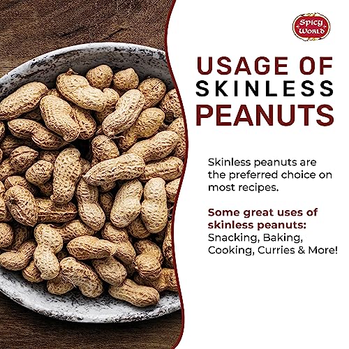 Spicy World Skinless Peanuts, Blanched Raw Peanuts (Uncooked, Unsalted) 4 Pound (64oz) ~ All Natural USA Grown