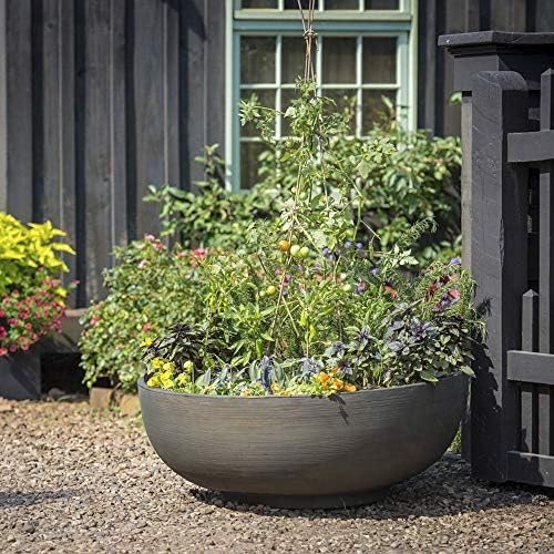 Crescent Garden Orinoco Planter Bowl – Double-Walled Resin Pot for Succulents, Flowers Without Drain Hole - 21" W x 8.25" H (Weathered Concrete)