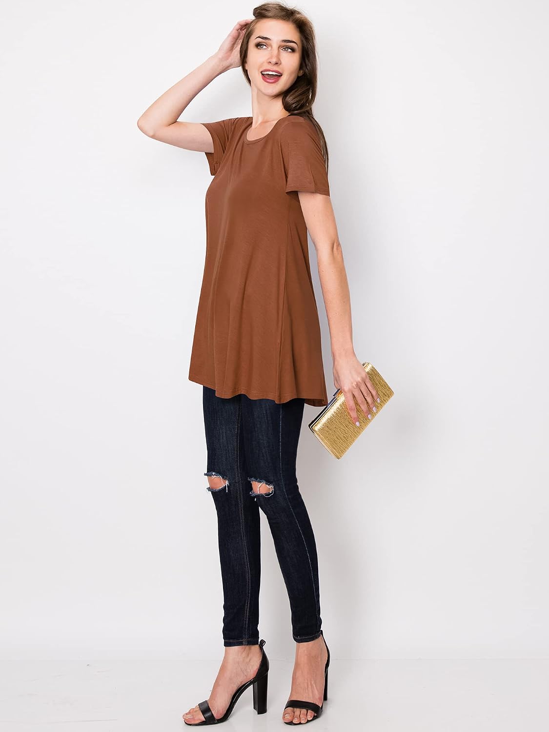 Lock and Love Women Solid Short Sleeve/Sleeveless Tunic for Leggings Swing Tunic Flare Tank Tops S-5XL Plus Size Made in USA