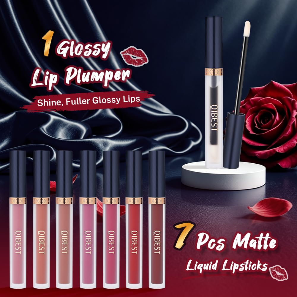QiBest 7Pcs Matte Liquid Lipstick + 1Pcs Lip Plumper Makeup Set Kit, Pigmented Long Lasting Lip Gloss Set
