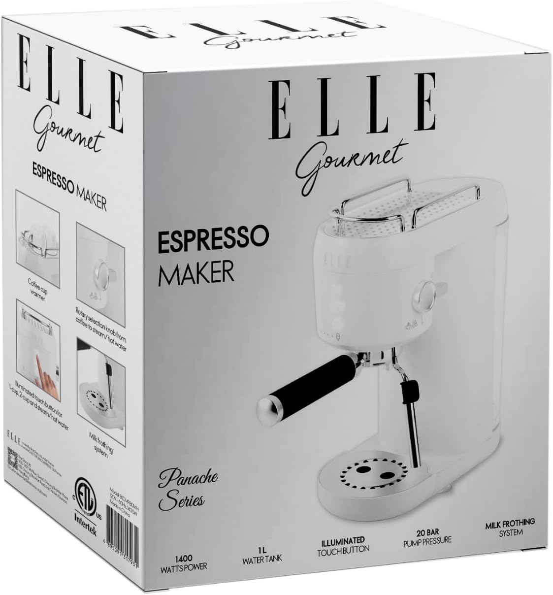 ELLE 1L Espresso Maker Latte and Cappuccino Maker with 20 Bar Pump Pressure and Illuminated Touch Button with Milk Frothing System and Cup Warmer 1400W White