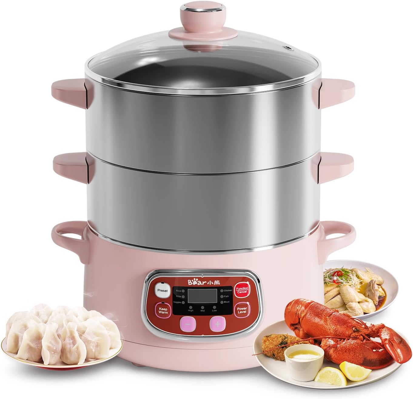 Bear Electric Multifunctional Food Steamer, One Touch Digital Steamer with Timer, Vegetable Steamer 2 Tiered Stackable Stainless Steel Baskets
