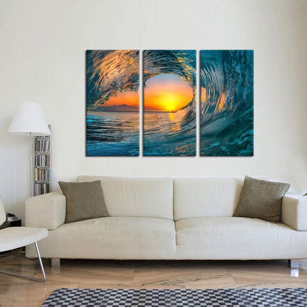 KREATIVE ARTS Large 3 Pieces Canvas Prints Wall Art Sunset Sea Water Ocean | Wave Pictures Paintings Modern Stretched and Framed Seascape Giclee