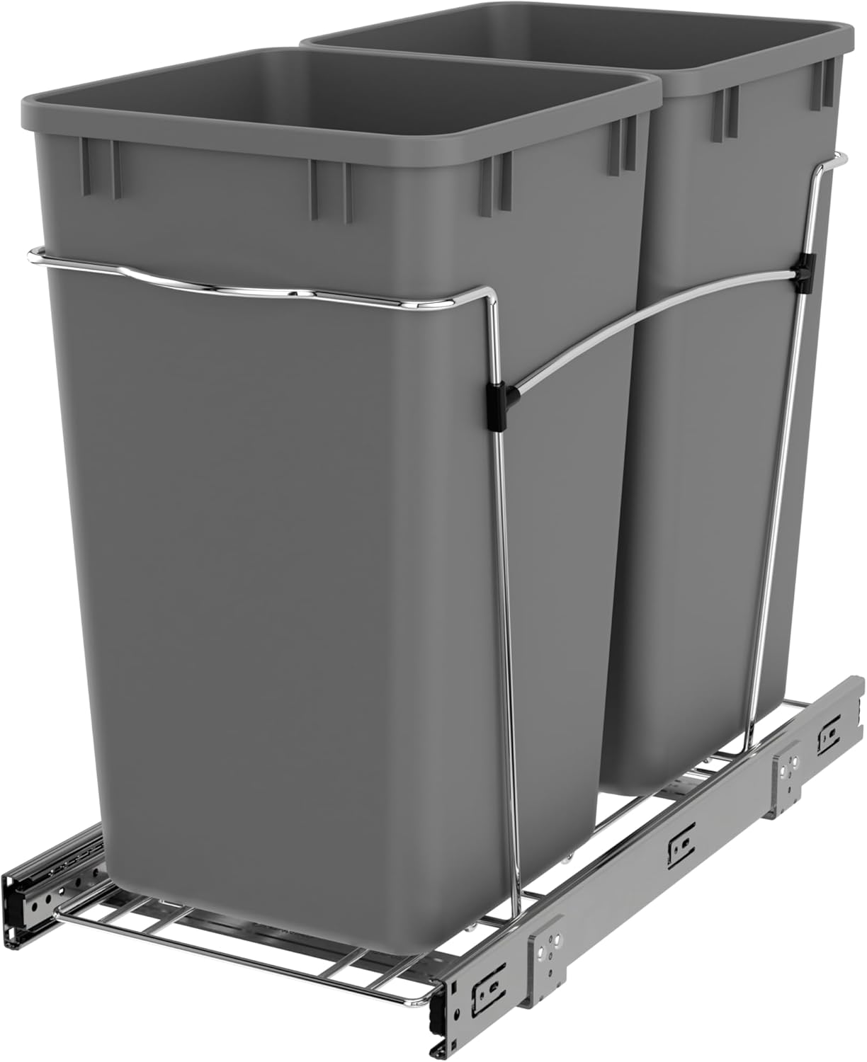 Rev-A-Shelf Double 27 Qt Pullout Trash Can for Base Kitchen Cabinets, Garbage Waste Bin System with Full Extension Slides, Min Opening Width of 11.5", Metallic Silver, RV-15KD-17C S