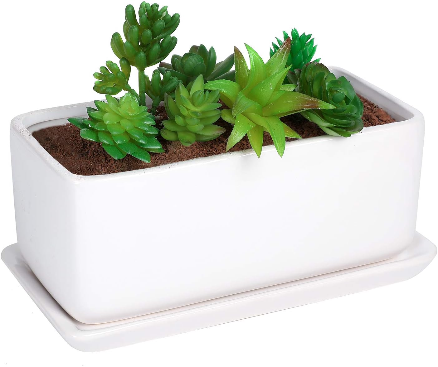 10 inch Rectangular White Ceramic Planter Pot Succulent Cactus Herb Flower Container Window Box Saucer Removable Drip Tray Base Drain Holes Home