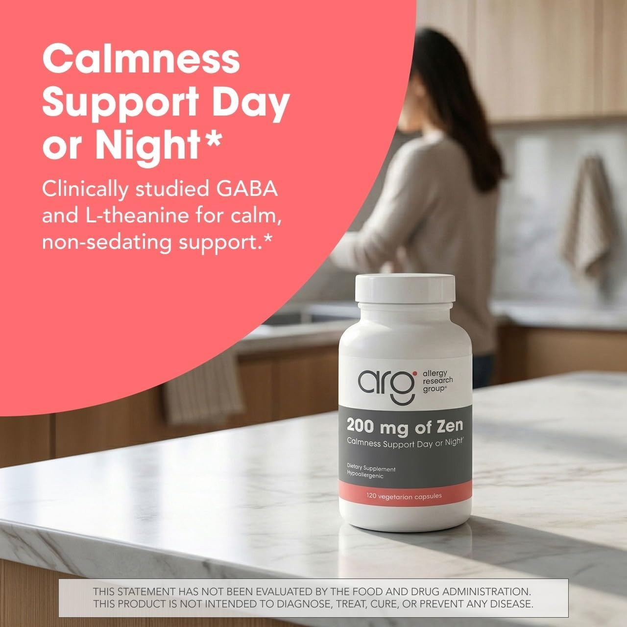 Allergy Research Group ARG 200 mg of Zen - Supports Calm and Stress Balance - Delivers 200 mg L-Theanine & 550 mg GABA per Serving - Vegetarian & Hypoallergenic - 60 Servings - 120 Capsules