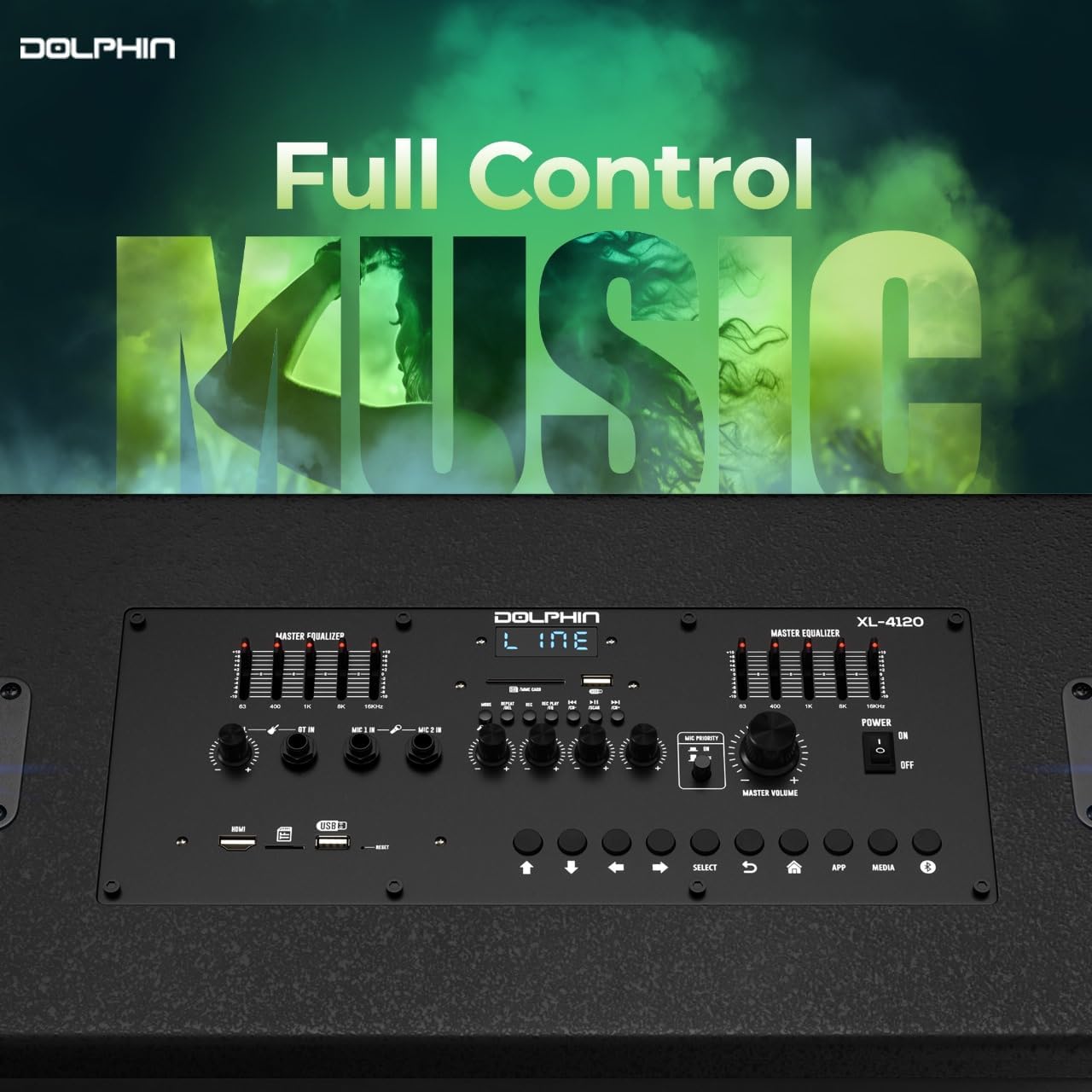 Dolphin Karaoke Machine with 2 Wireless Microphones, Quad 12" Woofers | 18.5" Touchscreen, 300W RMS, Android, Bluetooth, Wi-Fi, HDMI/USB/SD Card/AUX