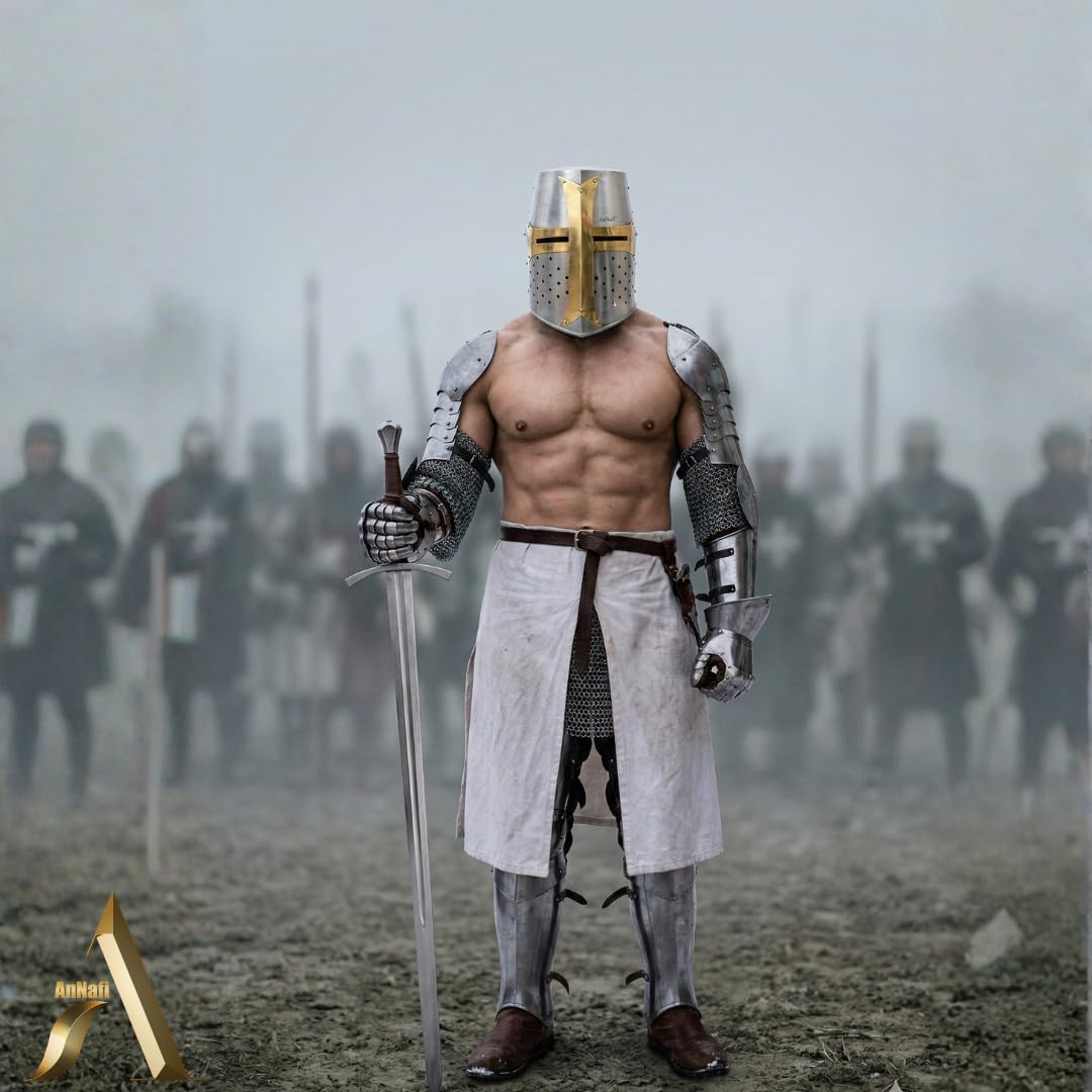 AnNafi® Brass Crusader Helmet | Medieval Metal Knight Helmets | PREMIUM QUALITY with Fitted LEATHER LINER | Dark Crusades Helmet Wearable for Adult