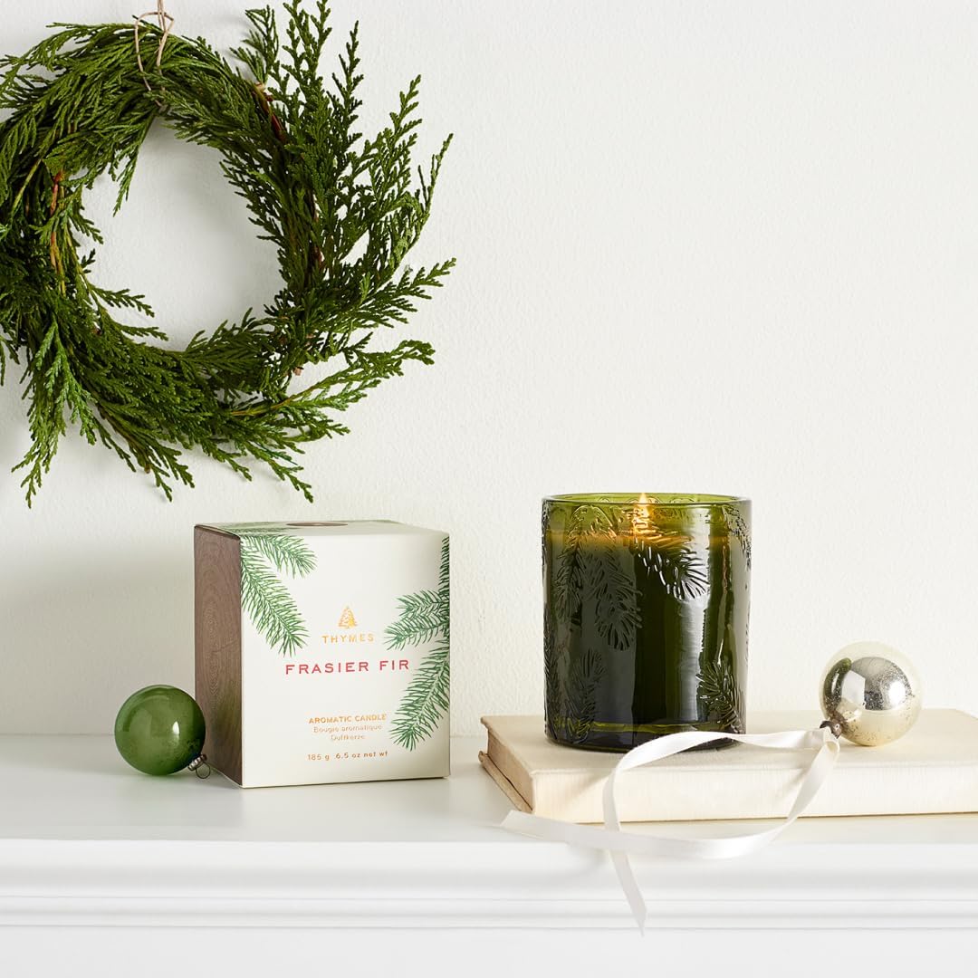 Thymes Frasier Fir Candle - Molded Green Glass Jar with Pine Needle Design - Winter Candle Gifts for Women & Men - Fresh Home Fragrance - Notes of