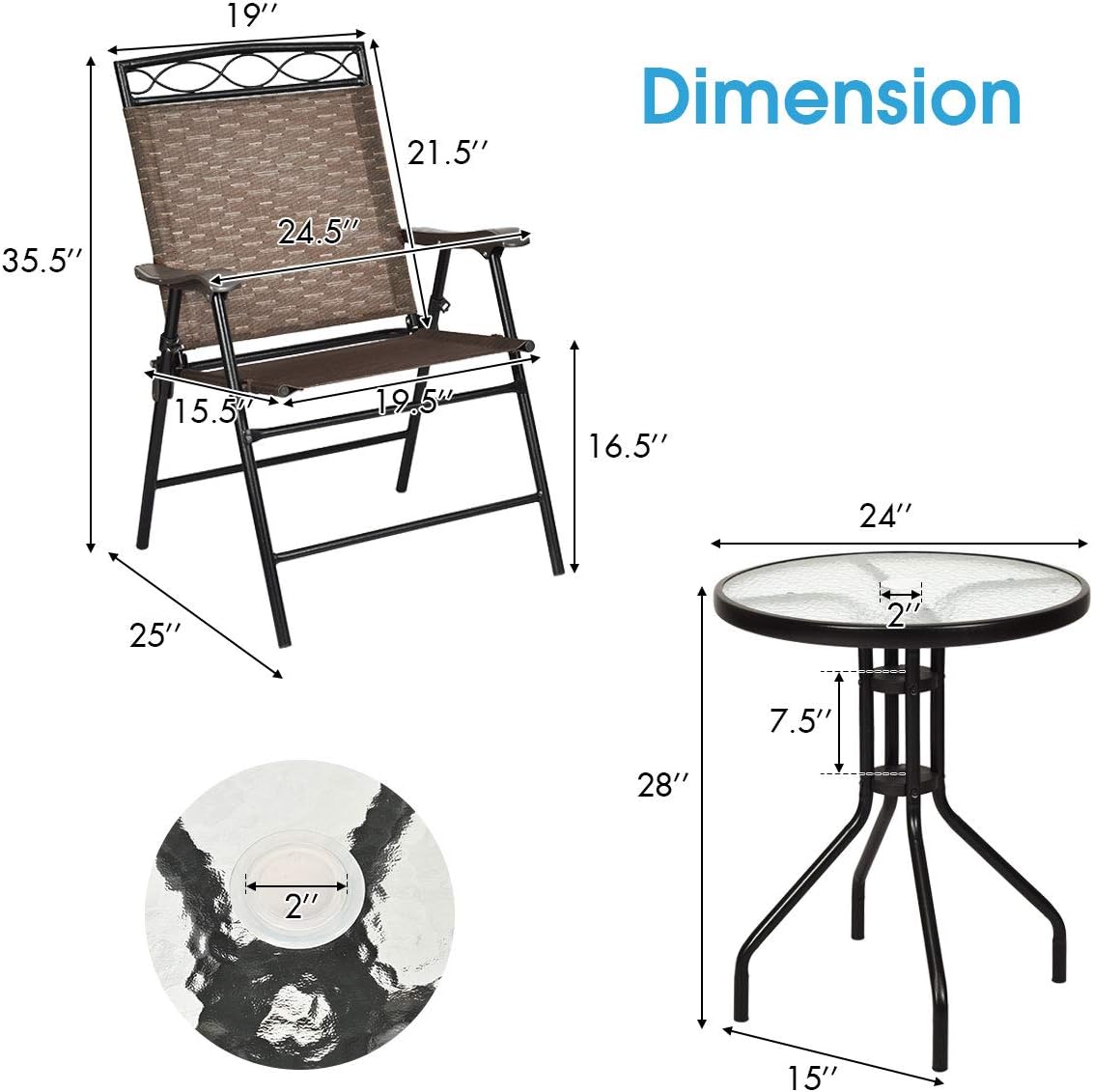 S AFSTAR 3-Piece Bistro Set, Patio Furniture Set for Outdoor Poolside Balcony Garden Yard, 28" H Outdoor Round Table and 2-Pack Folding Chairs