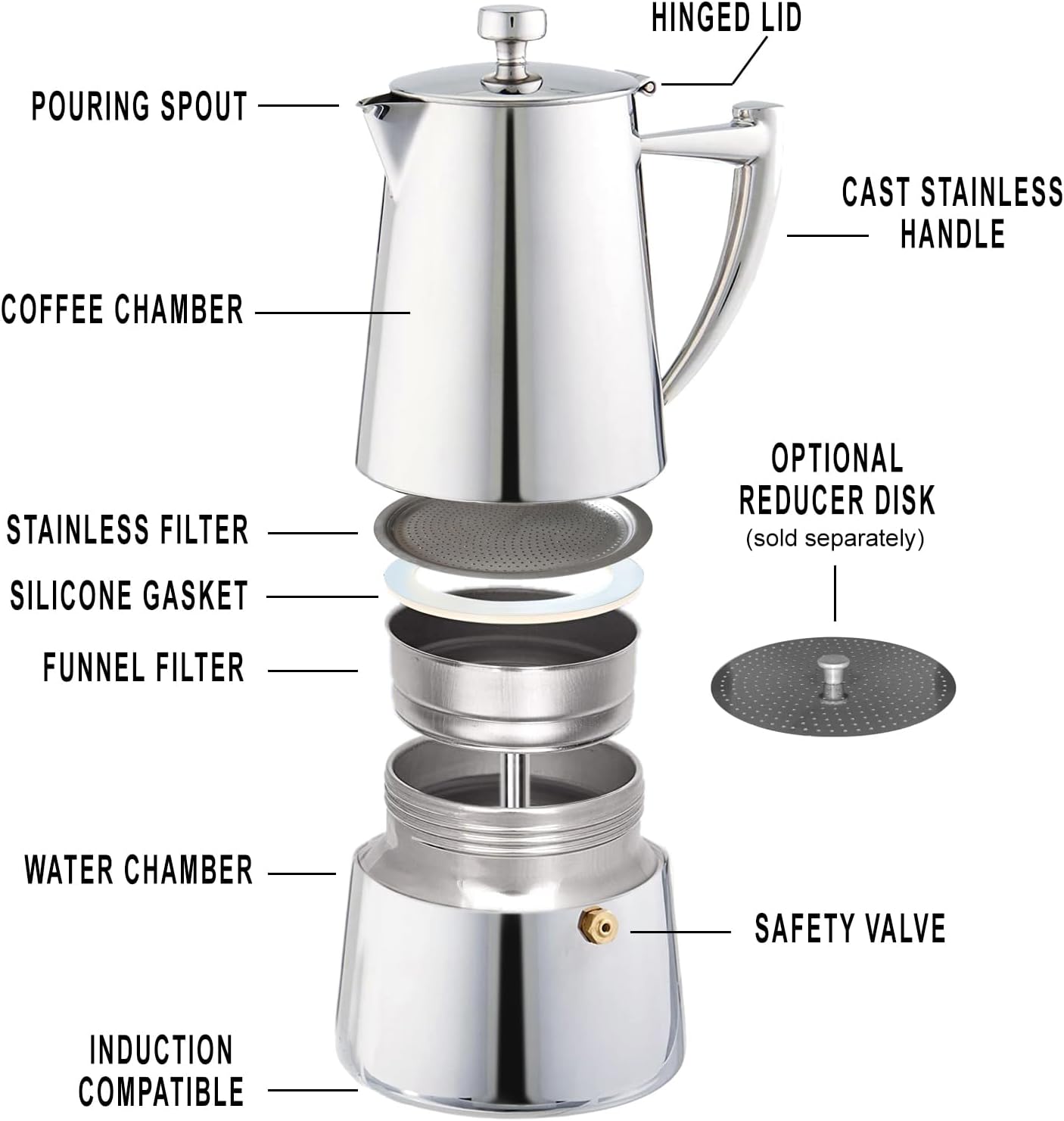Cuisinox Roma Stovetop Espresso Maker COF-6R, Stainless Steel Coffee Percolator Stovetop, Heat-Resistant & Non-Reactive, 6-Cup Italian Espresso Maker Easy to Clean, Durable Stove Top Percolator
