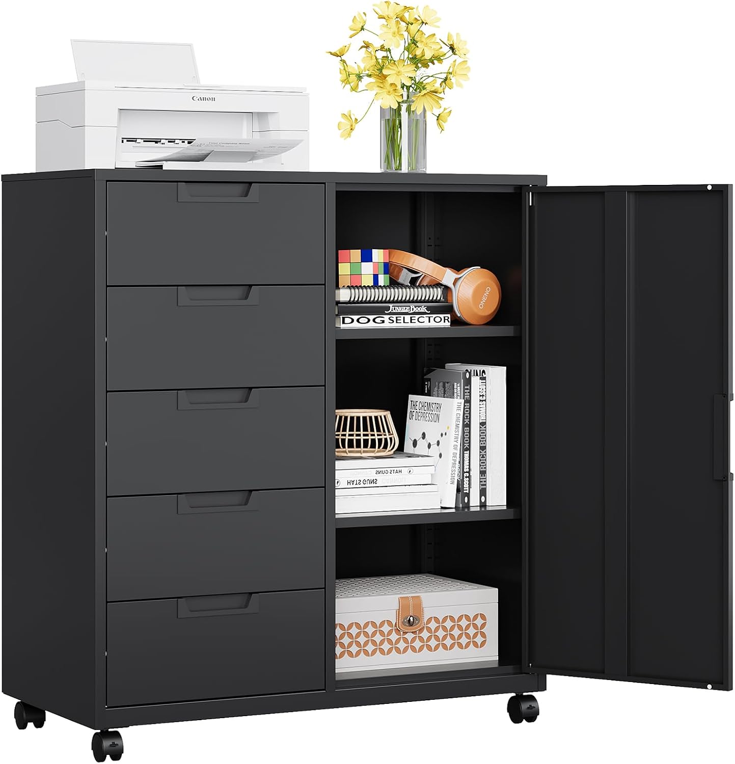 MIIIKO 3 Drawer File Cabinet with Lock, Metal Lateral Rolling Printer Stand Filing Cabinets for Home Office Storage,A4, Letter,File Folders(White)
