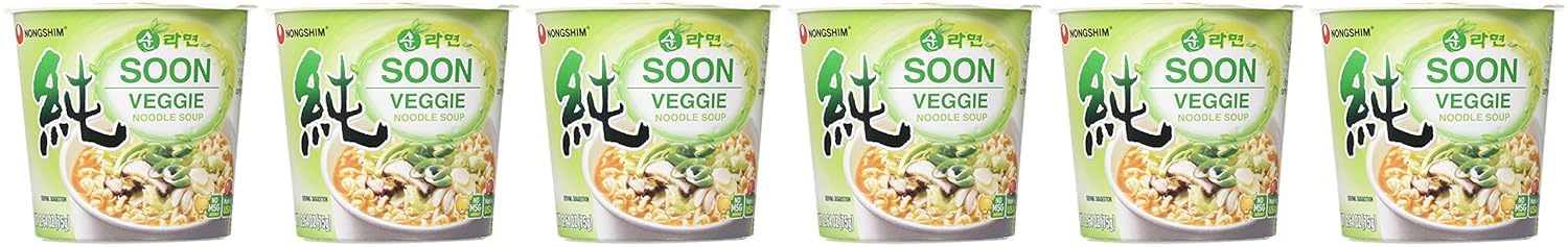 Nongshim Soon Veggie Ramyun Noodles, Signature Korean Instant Ramyun, Vegetable Flavored Broth, Vegan Noodles, Quick & Easy, Microwaveable Cup, 2.64 oz (Pack of 6)