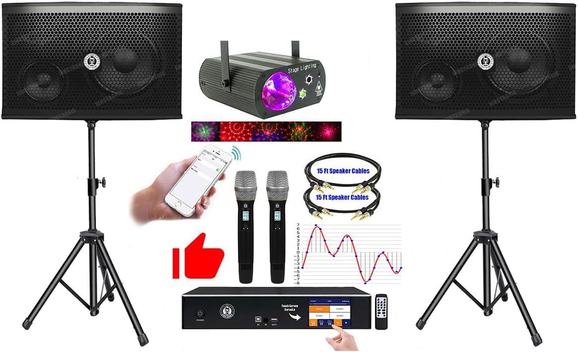 Professional 2500W YouTube Karaoke System | 4-in-1 Touchscreen Karaoke Amplifier with Android, Bluetooth, Anti-Feedback Mixer, 2 Wireless Microphones