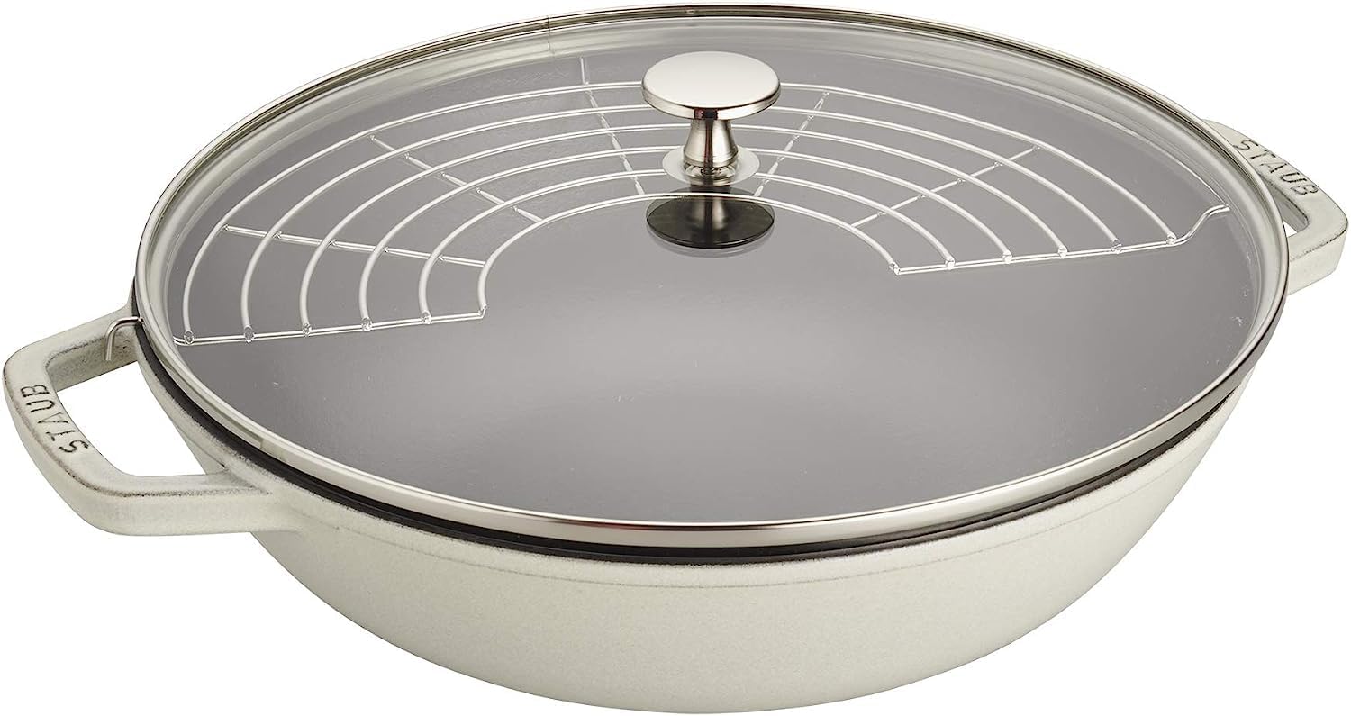 Staub Cast Iron Perfect Pan, Wok, Dutch Oven, 4.5-quart, serves 4-5, Made in France, Dark Blue