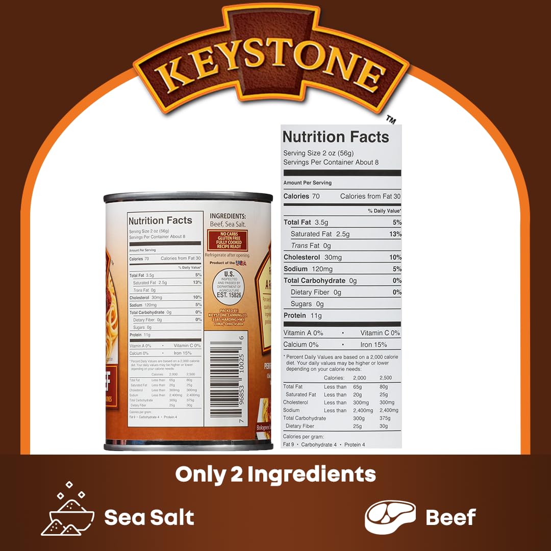 Keystone Meats All Natural Heat and Serve Ground Beef 14 Oz Fully Cooked Canned Meat Shelf Stable Emergency Survival Canned Food Ready to Eat No Preservatives Gluten Free Made in USA Pack of 2