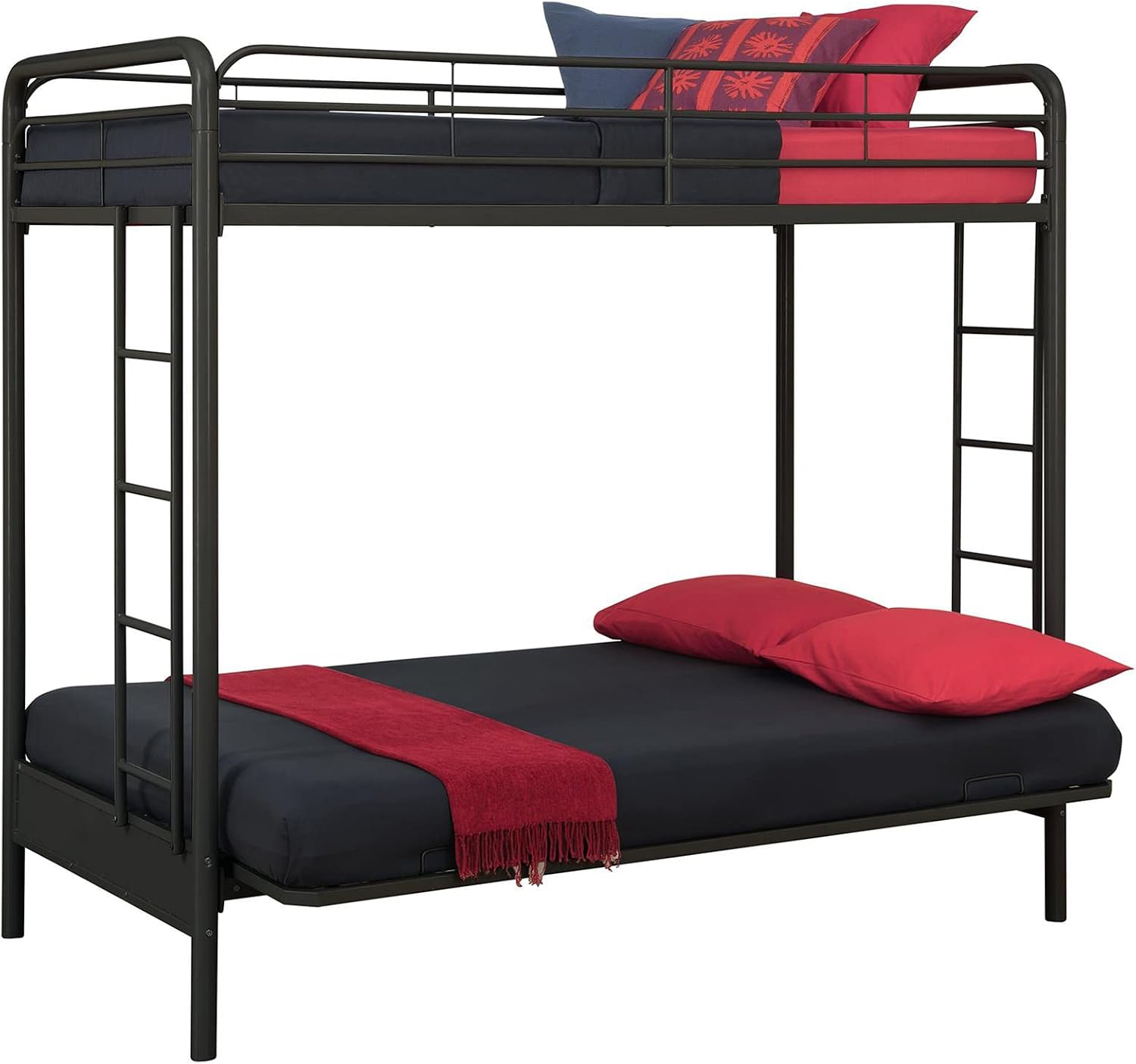 DHP Twin-Over-Futon Convertible Couch and Bed with Metal Frame, Ladder and Guardrails - Black