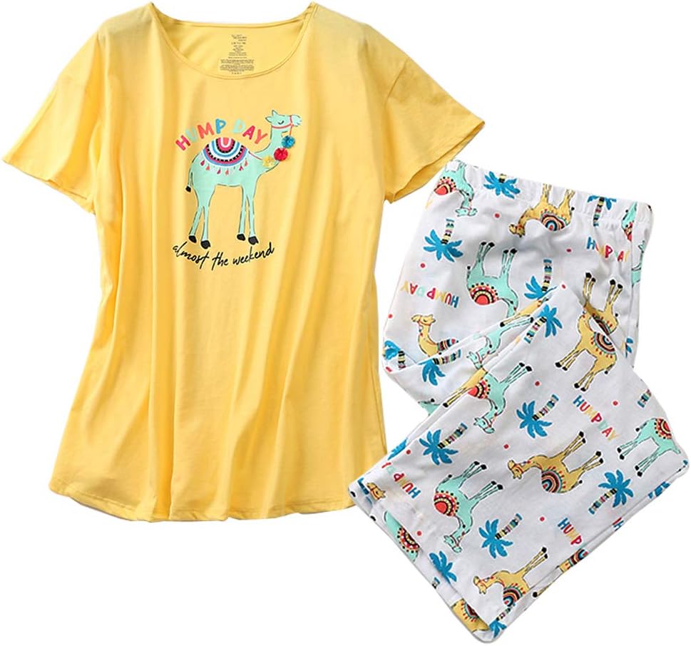 ENJOYNIGHT Womens Pajama Set Cotton Short Sleeve Top With Capri Pants Pj