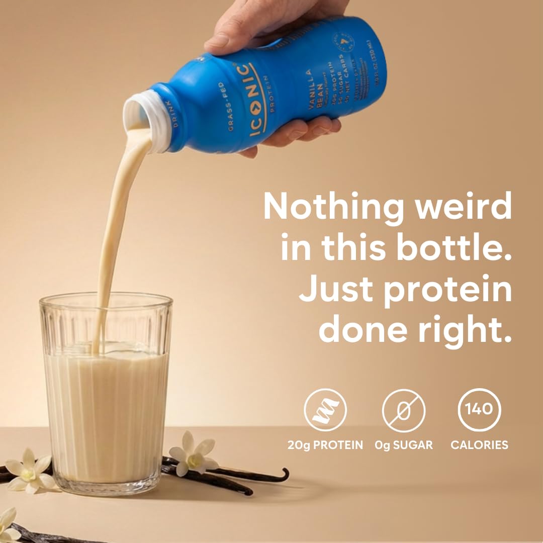 Iconic Protein Drinks, Vanilla Bean (12 Pack) - Sugar Free & Low Carb - 20g Grass Fed Protein - Lactose Free, Gluten Free, Non-GMO, Kosher - Keto Friendly Protein Shakes