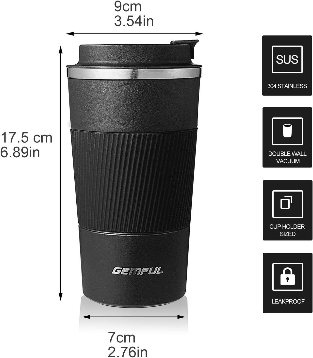 GEMFUL 2 Pack 17oz Insulated Travel Coffee Mug with Lid (Black/White)