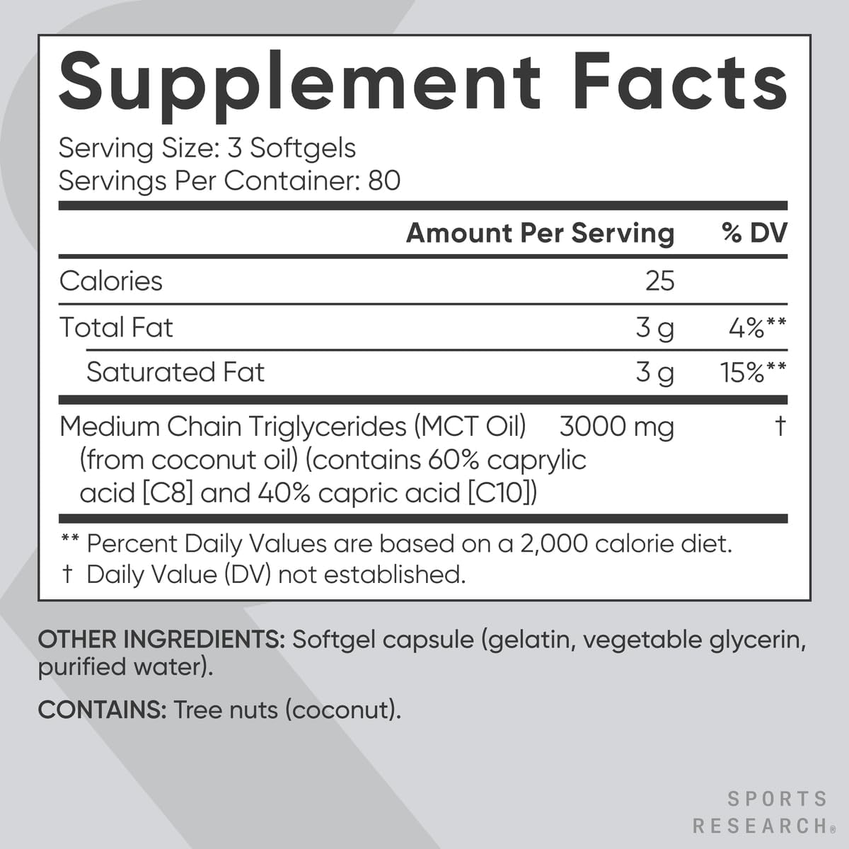 Sports Research® Coconut MCT Oil 3000mg, 120 Softgels | Coconut Derived C8 & C10 Medium Chain Fatty Acids (MCT'S) | Travel-Friendly Softgels, Keto, Paleo, & Gluten-Free
