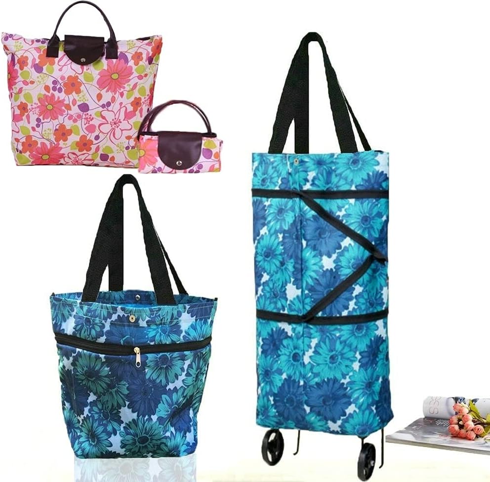 Collapsible Shopping Bag with Wheels Portable Shopping Cart with 360° Swivel Wheels Rolling Tote Bag Reusable Grocery Bag Trolley Bag on Wheels for Travel Shopping and Daily Use(Blue)