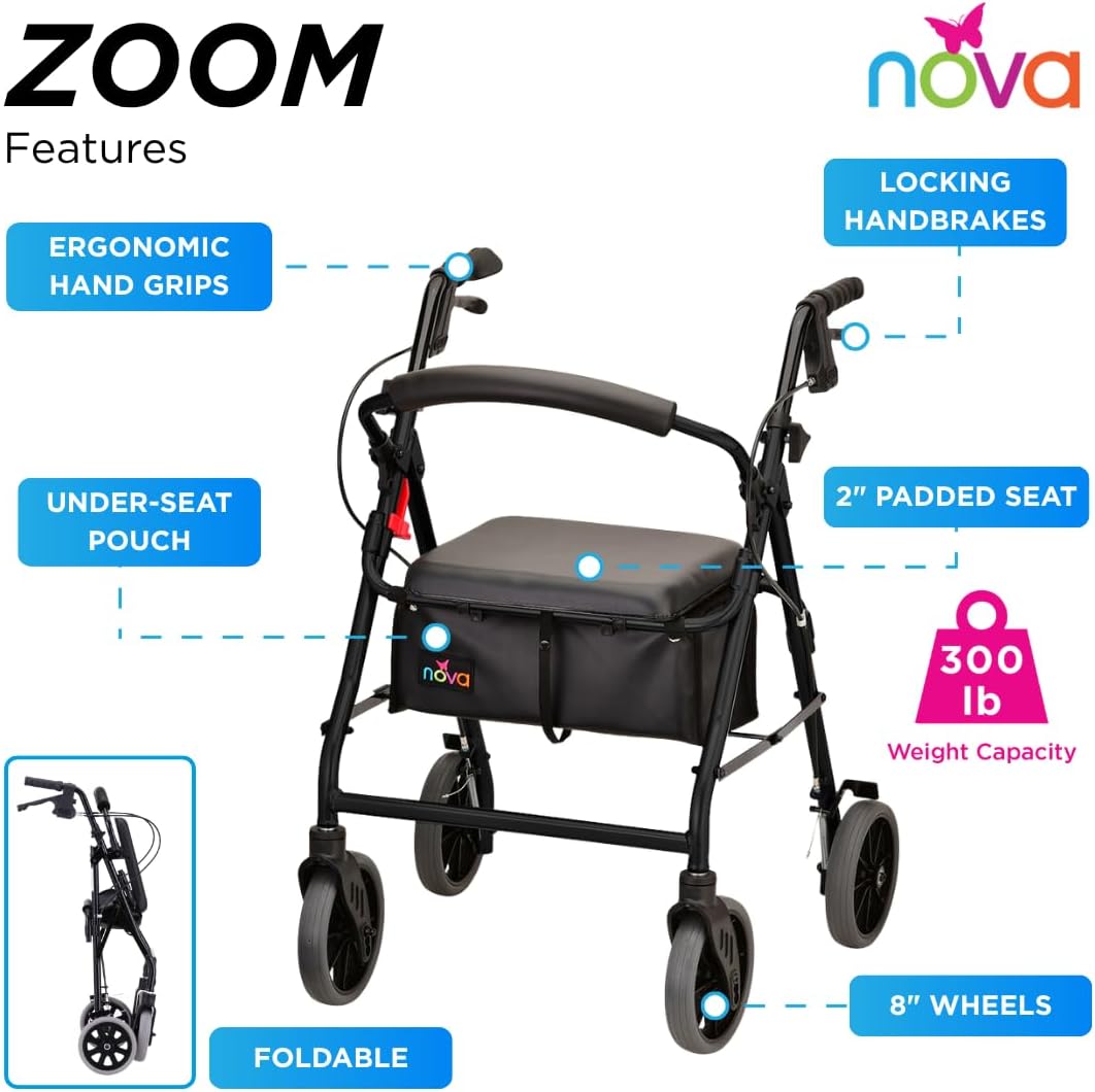 NOVA Zoom 22 Rollator Walker for Seniors, Rolling Walker with Locking Hand Brakes, Padded Seat & 8" Wheels, Lock N Load for Easy Transport & Storage, Adjustable Height 5'5"–6'1", Red