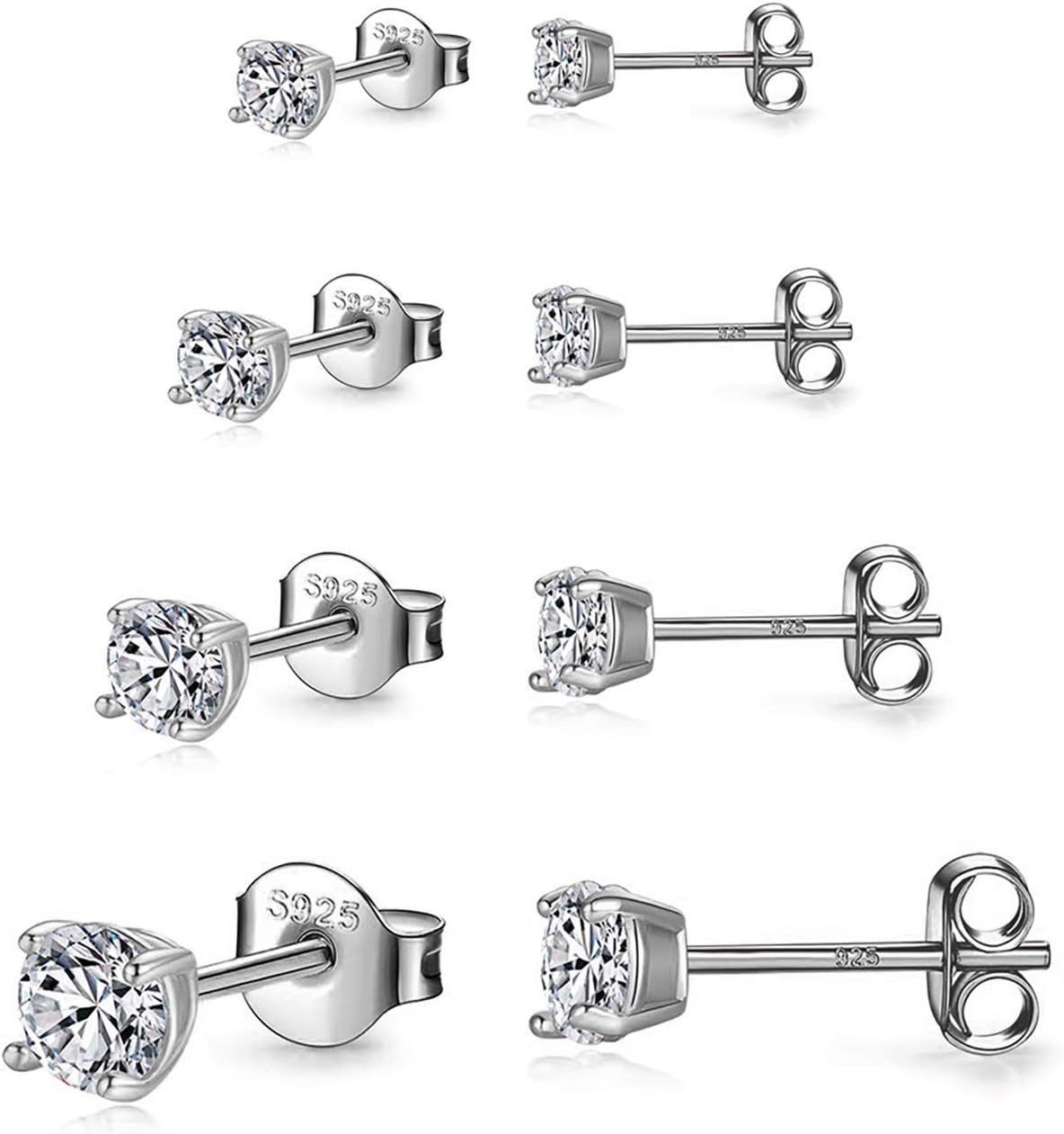 925 Sterling Silver Stud earrings Set | White Gold Plated Hypoallergenic Stud Earrings | Cubic Zirconia Stud Earrings for Women (2mm, 3mm, 4mm, 5mm
