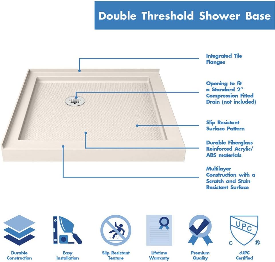DreamLine SlimLine 34 in. D x 48 in. W x 2 3/4 in. H Right Drain Double Threshold Shower Base in White, DLT-1034482