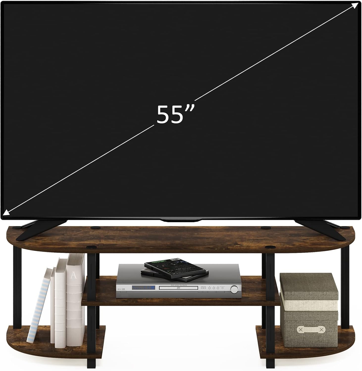 Furinno TURN-S-TUBE 3-Tier TV Stand for TVs up to 55 Inch, French Oak | Toolless Entertainment Center with Open Storage Shelves, Media Console Table with Soundbar Shelf for Living Room, Bedroom