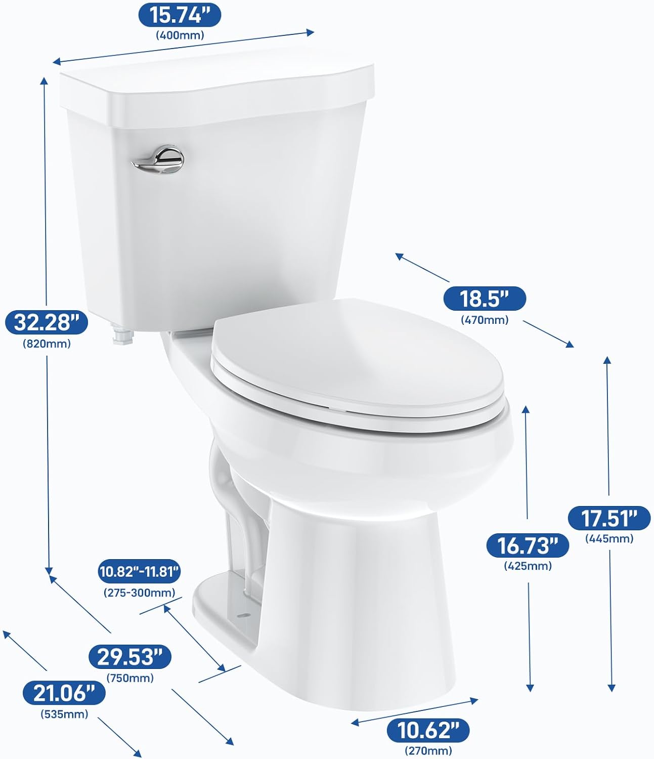 Two-Piece Toilets for Bathrooms, Comfort ADA Toilet with 19" Height, Elongated with Soft Close Seat, Power Flush 1.28 GPF
