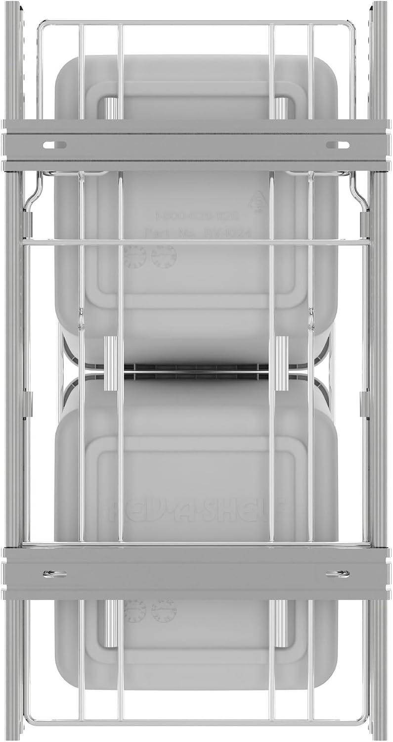 Rev-A-Shelf Double 27 Qt Pullout Trash Can for Base Kitchen Cabinets, Garbage Waste Bin System with Full Extension Slides, Min Opening Width of 11.5", Metallic Silver, RV-15KD-17C S