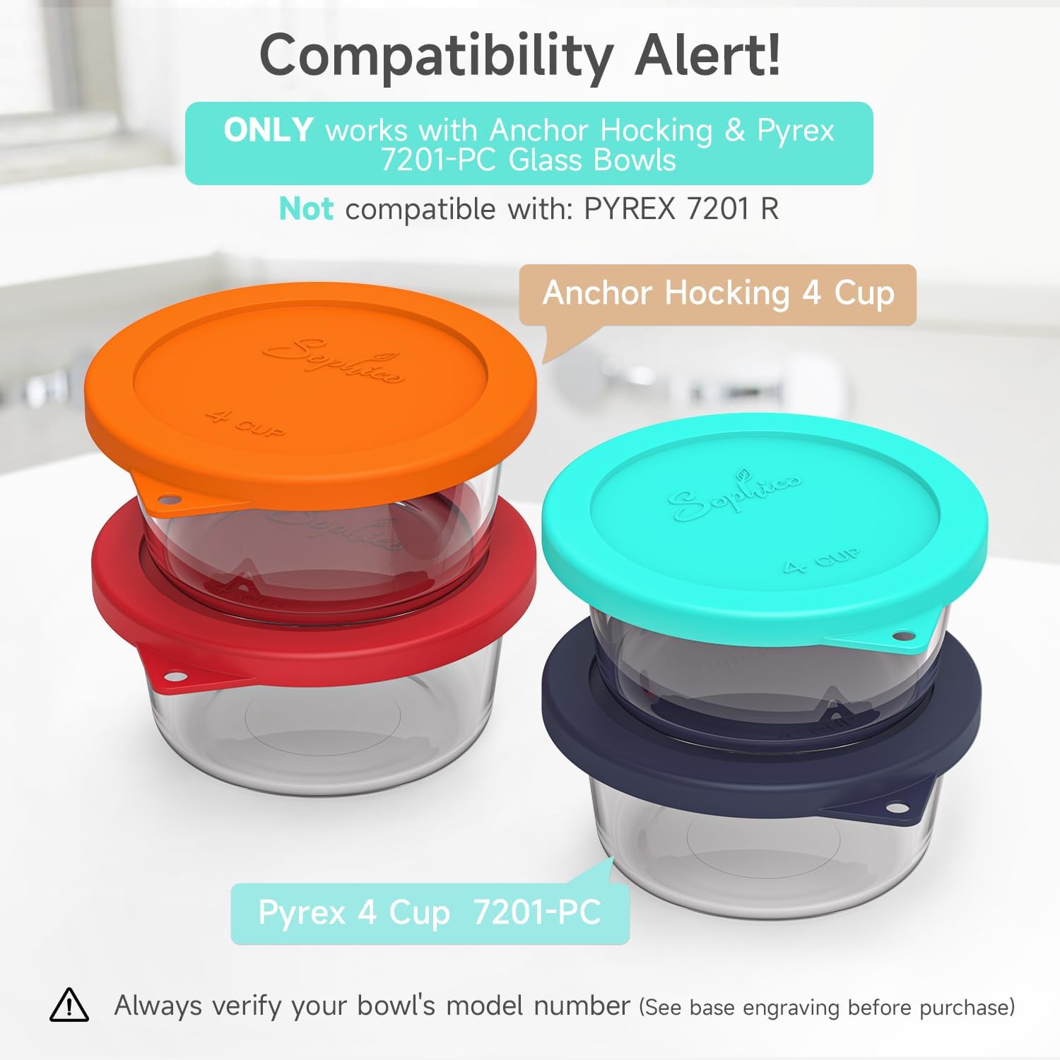 SOPHICO 4 Cup Silicone Lids Replacement for Pyrex & Anchor Hocking 7201-PC