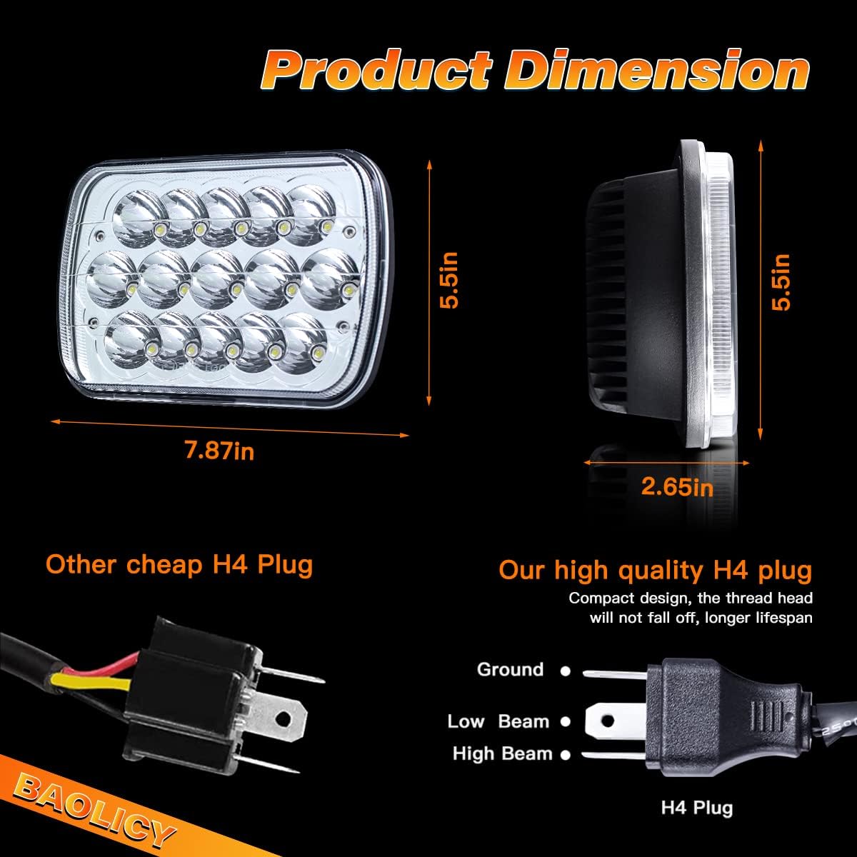 5x7/7x6in H6054 LED Headlights DOT Approved Hi/Low Sealed Beam 2PCS