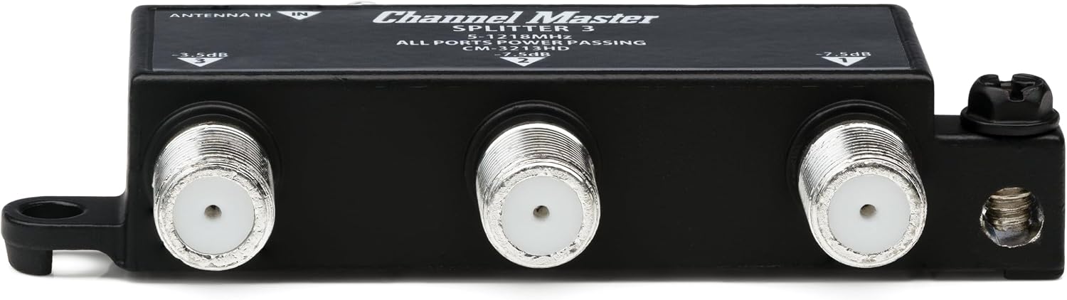 Channel Master Splitter 2 | 2-Way Splitter Distributes Digital HDTV Antenna Signal to 2 TVs, One Input and Two Outputs, Power Passing for Preamplifiers and Boosters, Low-Loss Design, Indoor/Outdoor