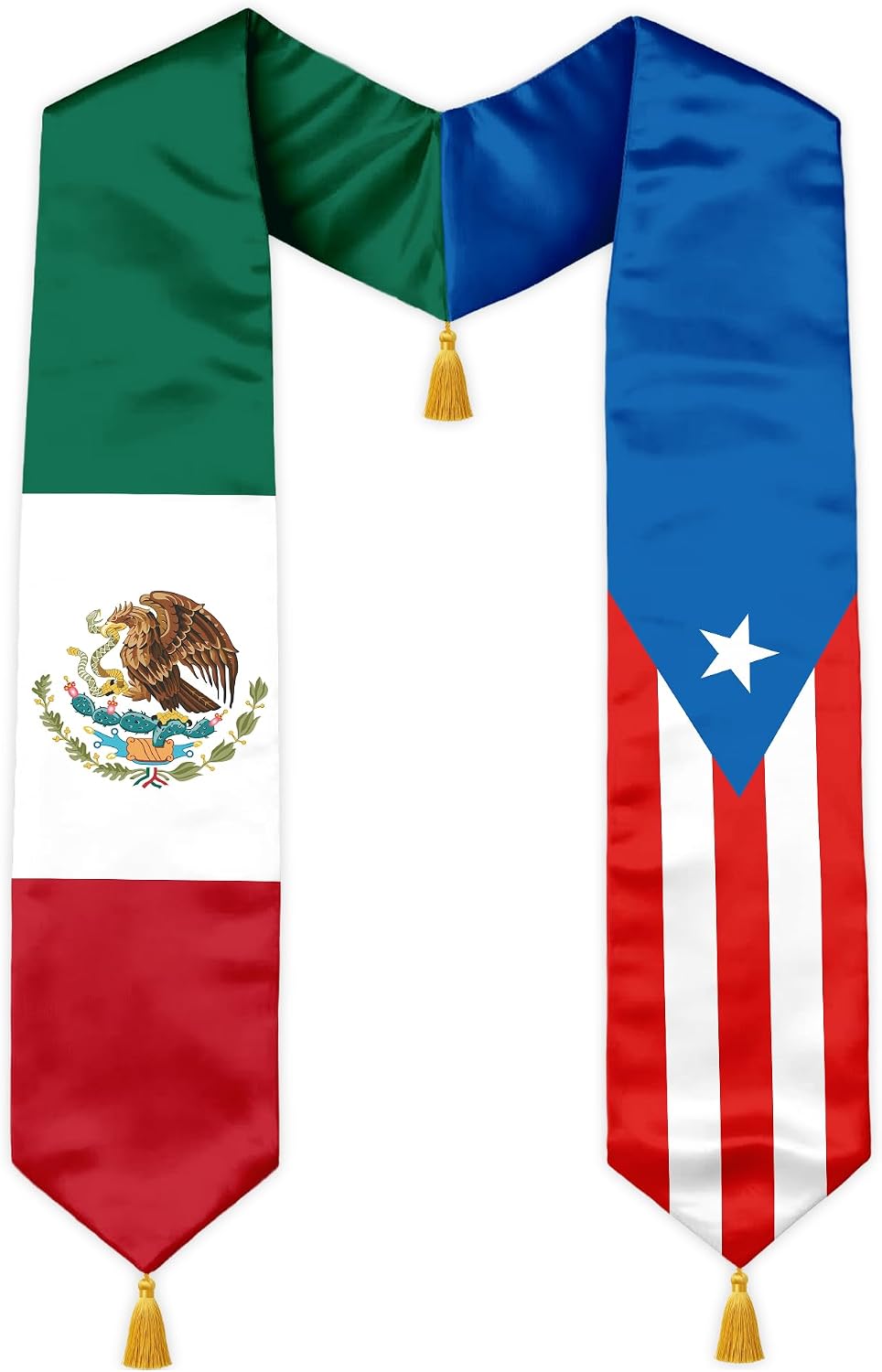 Class of 2026 Dual Flag Graduation Stole with Gold Tassels, Half and Half Country Flag Satin Sash, V-Neck