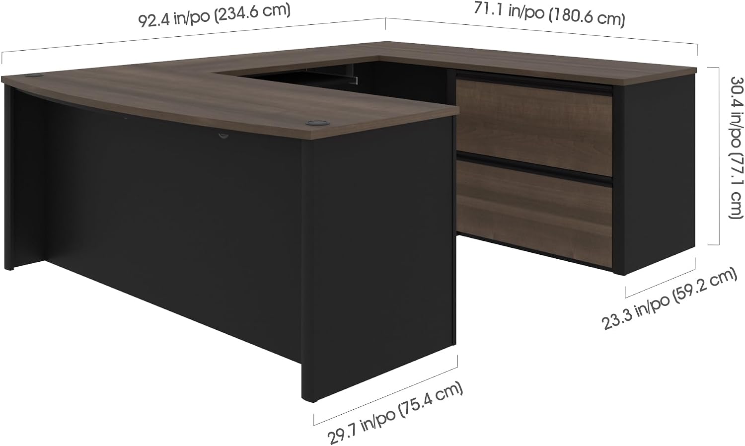 Bestar U-Shaped Executive Desk with Cabinet, Antigua/Black, Connexion, 72W