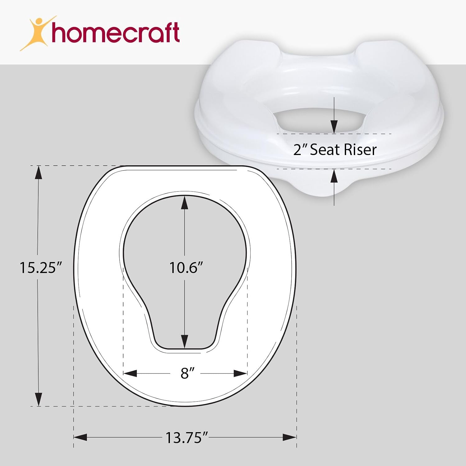 Homecraft Savanah Raised Toilet Seat, 2" High Elevated Toilet Seat Locks Onto Most Toilets, Portable Assistance Commode Seat with Sturdy Brackets