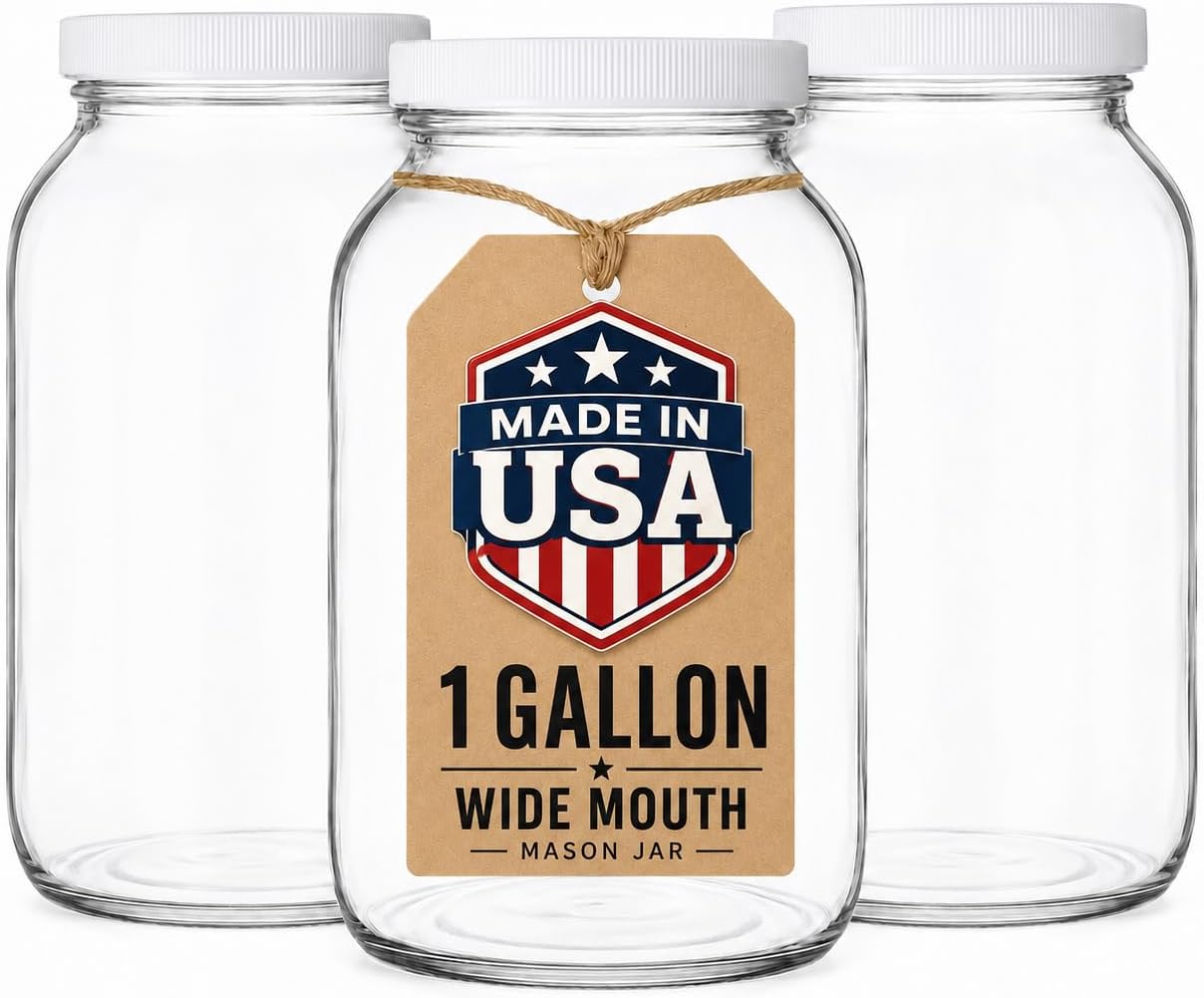 1 Gallon Glass Mason Jars – Extra Large Wide Mouth Jars with Airtight Lids – Perfect for Sourdough Starter, Fermenting, Pickling, and Storage – Made in the USA – Pack of 2