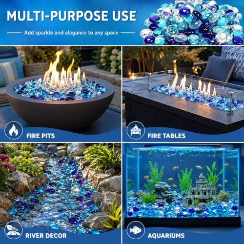 Hisencn Fire Glass Beads for Fire Pit 1/2 Inch, Blended Blue Fire Glass Rocks for Propane Gas Fireplace or Natural