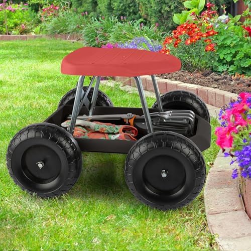 Pure Garden Rolling Garden Seat with Wheels and Tool Tray, Black/Green | Gardening Stool Garden Cart Scooter with Storage for Yard Tools