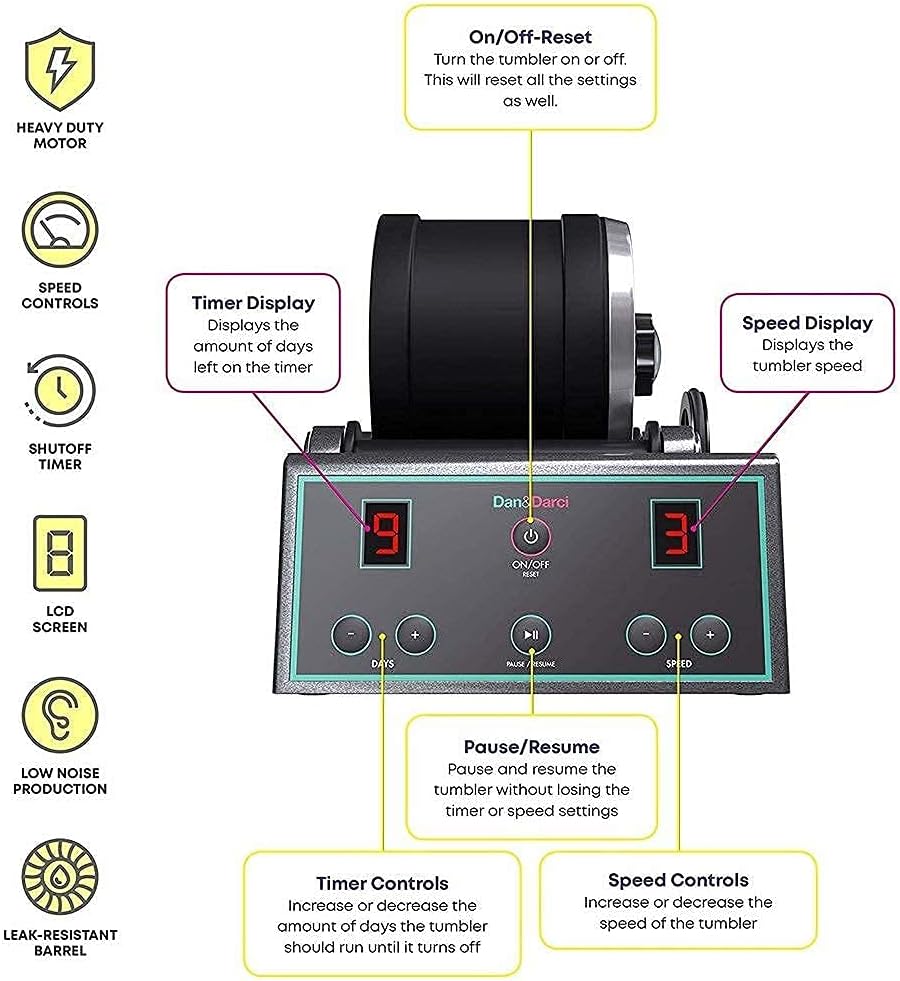 Dan&Darci Advanced Professional Rock Tumbler Kit - with Digital 9-Day Polishing Timer & 3 Speed Settings - Turn Rough Rocks into Beautiful Gems :